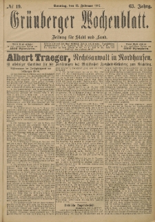 Grünberger Wochenblatt: Zeitung für Stadt und Land, No. 19. (13. Februar 1887)