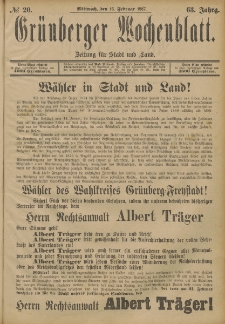 Grünberger Wochenblatt: Zeitung für Stadt und Land, No. 20. (16. Februar 1887)