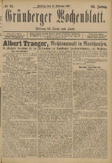 Grünberger Wochenblatt: Zeitung für Stadt und Land, No. 21. (18. Februar 1887)