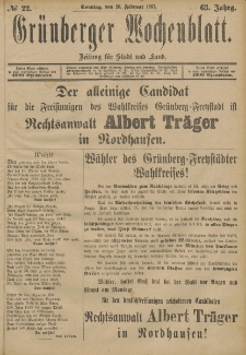 Grünberger Wochenblatt: Zeitung für Stadt und Land, No. 22. (20. Februar 1887)