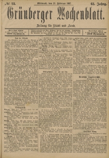 Grünberger Wochenblatt: Zeitung für Stadt und Land, No. 23. (23. Februar 1887)