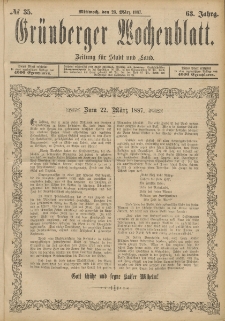 Grünberger Wochenblatt: Zeitung für Stadt und Land, No. 35. (23. März 1887)