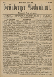 Gr&uuml;nberger Wochenblatt: Zeitung f&uuml;r Stadt und Land, No. 4. (9. Januar 1891)