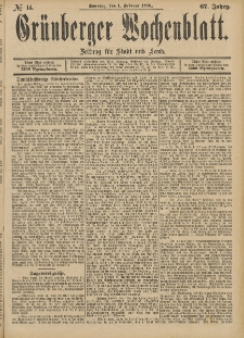 Gr&uuml;nberger Wochenblatt: Zeitung f&uuml;r Stadt und Land, No. 14. (1. Februar 1891)
