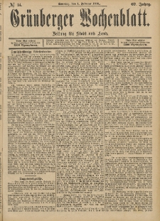 Grünberger Wochenblatt: Zeitung für Stadt und Land, No. 14. (1. Februar 1891)