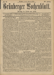 Grünberger Wochenblatt: Zeitung für Stadt und Land, No. 18. (11. Februar 1891)