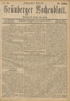 Grünberger Wochenblatt: Zeitung für Stadt und Land, No. 43. (10. April 1887)