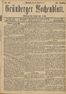 Grünberger Wochenblatt: Zeitung für Stadt und Land, No. 47. (20. April 1887)