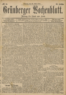 Grünberger Wochenblatt: Zeitung für Stadt und Land, No. 61. (22. Mai 1887)
