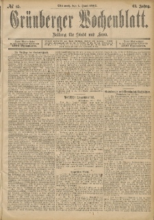 Grünberger Wochenblatt: Zeitung für Stadt und Land, No. 65. (1. Juni 1887)