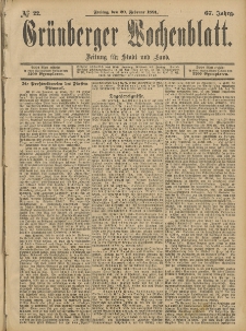 Grünberger Wochenblatt: Zeitung für Stadt und Land, No. 22. (20. Februar 1891)