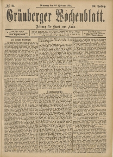 Gr&uuml;nberger Wochenblatt: Zeitung f&uuml;r Stadt und Land, No. 24. (25. Februar 1891)