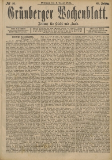 Grünberger Wochenblatt: Zeitung für Stadt und Land, No. 92. (3. August 1887)