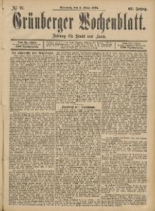 Grünberger Wochenblatt: Zeitung für Stadt und Land, No. 27. (4. März 1891)