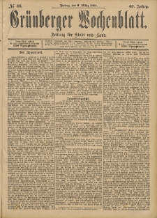 Gr&uuml;nberger Wochenblatt: Zeitung f&uuml;r Stadt und Land, No. 28. (6. M&auml;rz 1891)