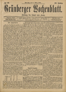 Grünberger Wochenblatt: Zeitung für Stadt und Land, No. 29. (8. März 1891)