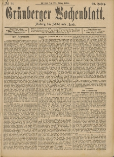 Gr&uuml;nberger Wochenblatt: Zeitung f&uuml;r Stadt und Land, No. 34. (20. M&auml;rz 1891)