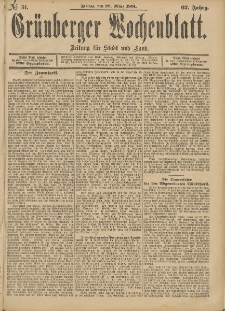 Grünberger Wochenblatt: Zeitung für Stadt und Land, No. 34. (20. März 1891)