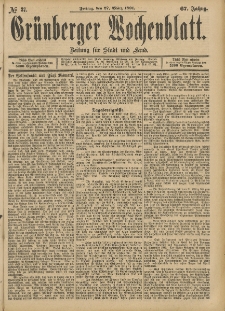 Grünberger Wochenblatt: Zeitung für Stadt und Land, No. 37. (27. März 1891)