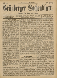 Gr&uuml;nberger Wochenblatt: Zeitung f&uuml;r Stadt und Land, No. 39. (1. April 1891)