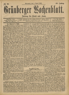 Grünberger Wochenblatt: Zeitung für Stadt und Land, No. 39. (1. April 1891)