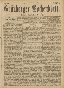 Gr&uuml;nberger Wochenblatt: Zeitung f&uuml;r Stadt und Land, No. 40. (3. April 1891)