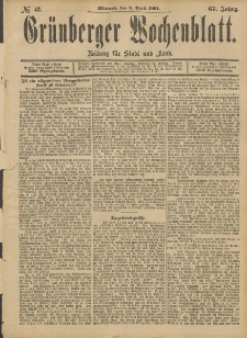 Gr&uuml;nberger Wochenblatt: Zeitung f&uuml;r Stadt und Land, No. 42. (8. April 1891)