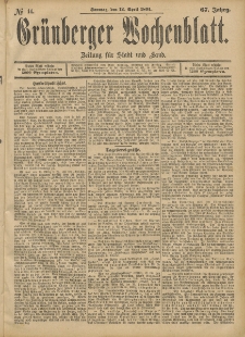 Gr&uuml;nberger Wochenblatt: Zeitung f&uuml;r Stadt und Land, No. 44. (12. April 1891)