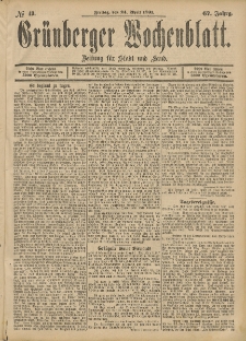 Grünberger Wochenblatt: Zeitung für Stadt und Land, No. 49. (24. April 1891)