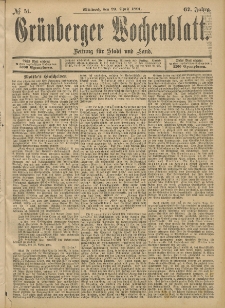 Gr&uuml;nberger Wochenblatt: Zeitung f&uuml;r Stadt und Land, No. 51. (29. April 1891)