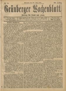 Grünberger Wochenblatt: Zeitung für Stadt und Land, No. 51. (29. April 1891)
