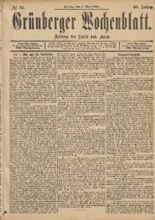 Gr&uuml;nberger Wochenblatt: Zeitung f&uuml;r Stadt und Land, No. 52. (1. Mai 1891)