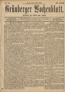 Grünberger Wochenblatt: Zeitung für Stadt und Land, No. 52. (1. Mai 1891)