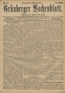 Grünberger Wochenblatt: Zeitung für Stadt und Land, No. 111. (16. September 1887)