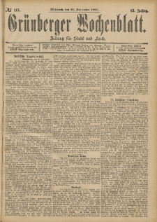 Grünberger Wochenblatt: Zeitung für Stadt und Land, No. 113. (21. September 1887)