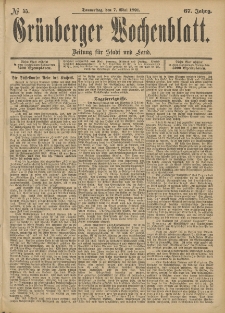 Gr&uuml;nberger Wochenblatt: Zeitung f&uuml;r Stadt und Land, No. 55. (7. Mai 1891)