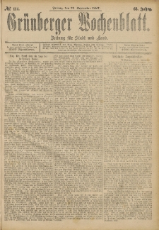 Grünberger Wochenblatt: Zeitung für Stadt und Land, No. 114. (23. September 1887)