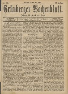Grünberger Wochenblatt: Zeitung für Stadt und Land, No. 62. (24. Mai 1891)