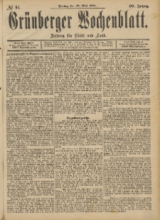 Gr&uuml;nberger Wochenblatt: Zeitung f&uuml;r Stadt und Land, No. 64. (29. Mai 1891)