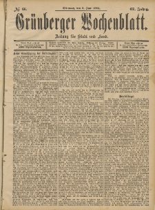 Gr&uuml;nberger Wochenblatt: Zeitung f&uuml;r Stadt und Land, No. 66. (3. Juni 1891)