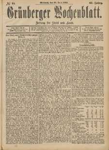 Gr&uuml;nberger Wochenblatt: Zeitung f&uuml;r Stadt und Land, No. 69. (10. Juni 1891)