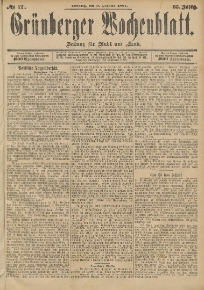 Grünberger Wochenblatt: Zeitung für Stadt und Land, No. 121. (9. October 1887)