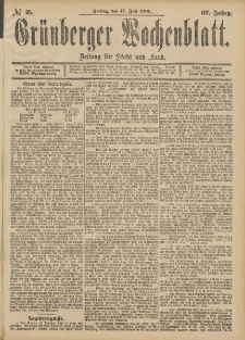 Gr&uuml;nberger Wochenblatt: Zeitung f&uuml;r Stadt und Land, No. 85. (17. Julii 1891)