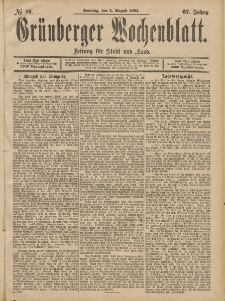 Grünberger Wochenblatt: Zeitung für Stadt und Land, No. 92. (2. August 1891)
