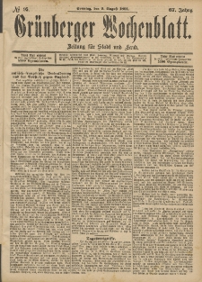 Gr&uuml;nberger Wochenblatt: Zeitung f&uuml;r Stadt und Land, No. 95. (9. August 1891)