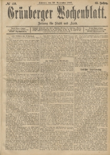 Grünberger Wochenblatt: Zeitung für Stadt und Land, No. 139. (20. November 1887)