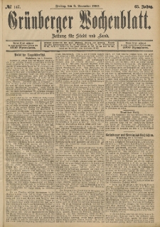 Grünberger Wochenblatt: Zeitung für Stadt und Land, No. 147. (9. December 1887)