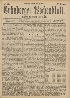 Grünberger Wochenblatt: Zeitung für Stadt und Land, No. 102. (26. August 1891)