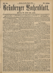 Gr&uuml;nberger Wochenblatt: Zeitung f&uuml;r Stadt und Land, No. 103. (28. August 1891)