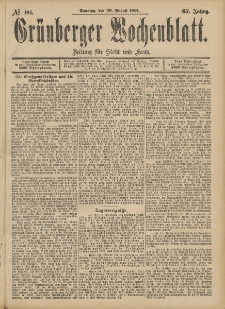 Gr&uuml;nberger Wochenblatt: Zeitung f&uuml;r Stadt und Land, No. 104. (30. August 1891)
